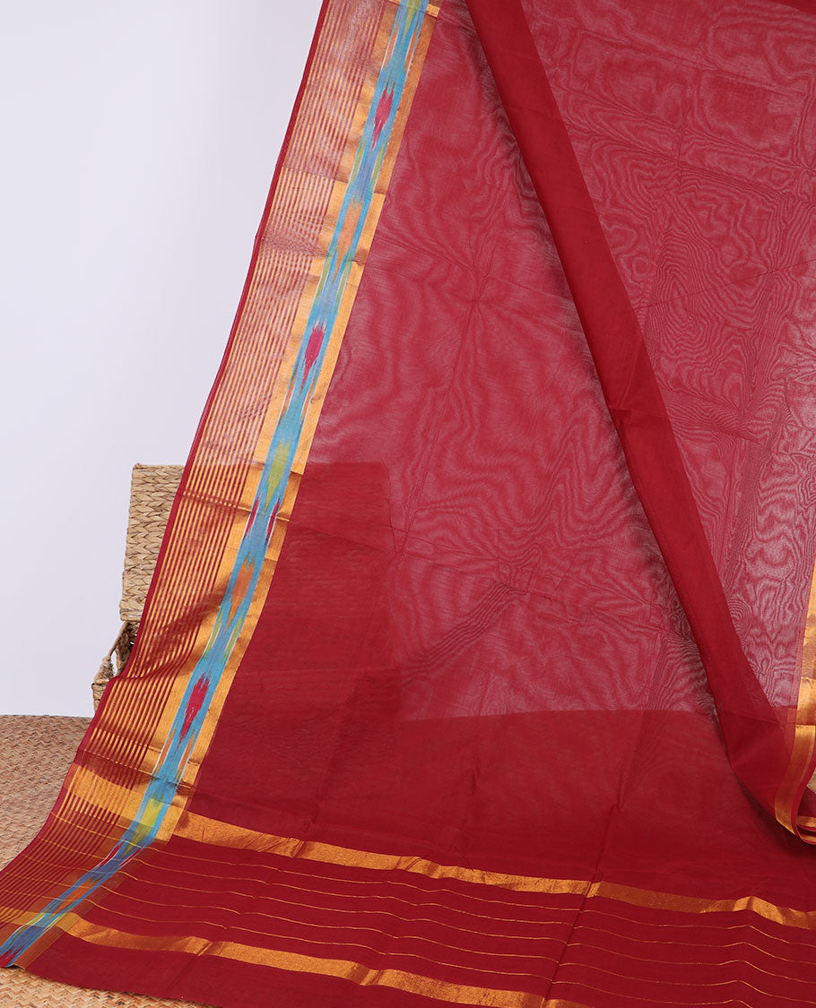 Red venkatagiri cotton saree with self floral, striped design border & striped pallu