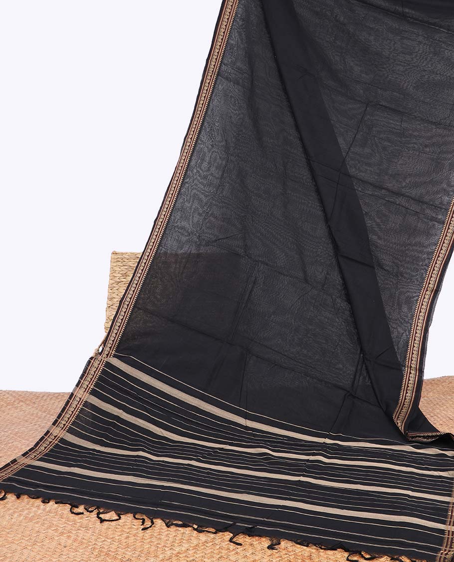 Black narayanapet cotton saree with self zari design border & striped pallu