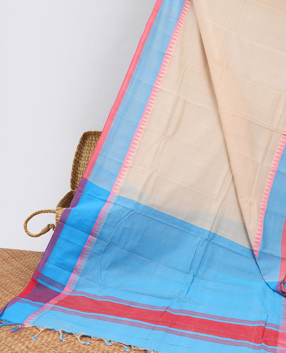 Sandal striped khadi cotton saree with contrast temple border & striped pallu