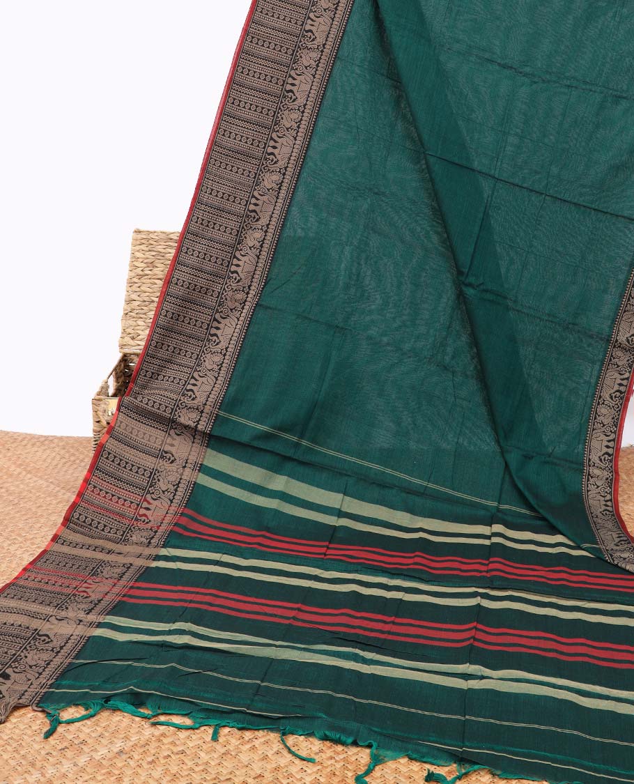 Green narayanapet cotton saree with contrast intricate zari design border & striped pallu