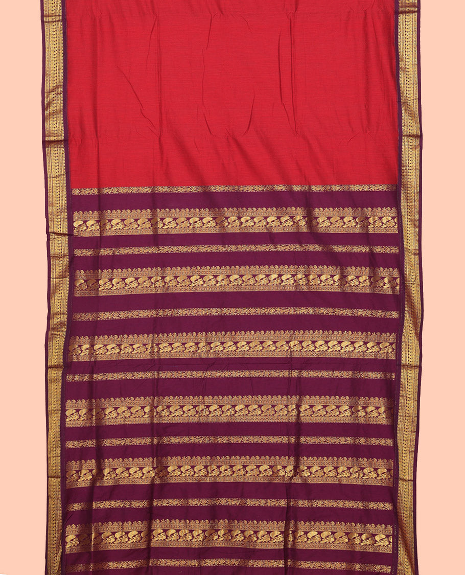 Red Plain Nine Yard Cotton Saree, Complemented by Contrast Traditional Zari Design Border, Pallu of Traditional Designs, and Comes Without a Blouse