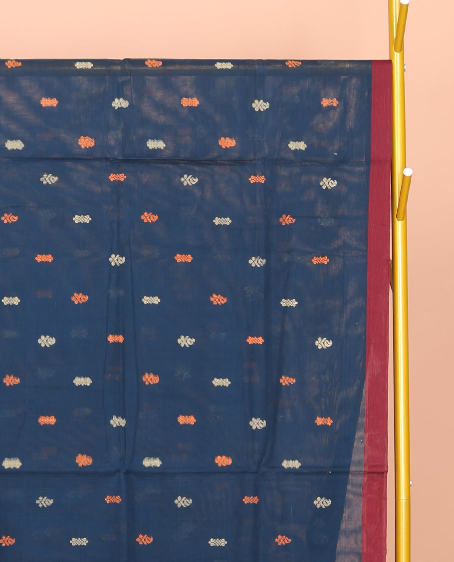 Blue Venkatagiri Cotton Saree, Woven with Thread Buttas, a Contrast Traditional Zari Border, Pallu of Buttas and Stripes, and No Blouse