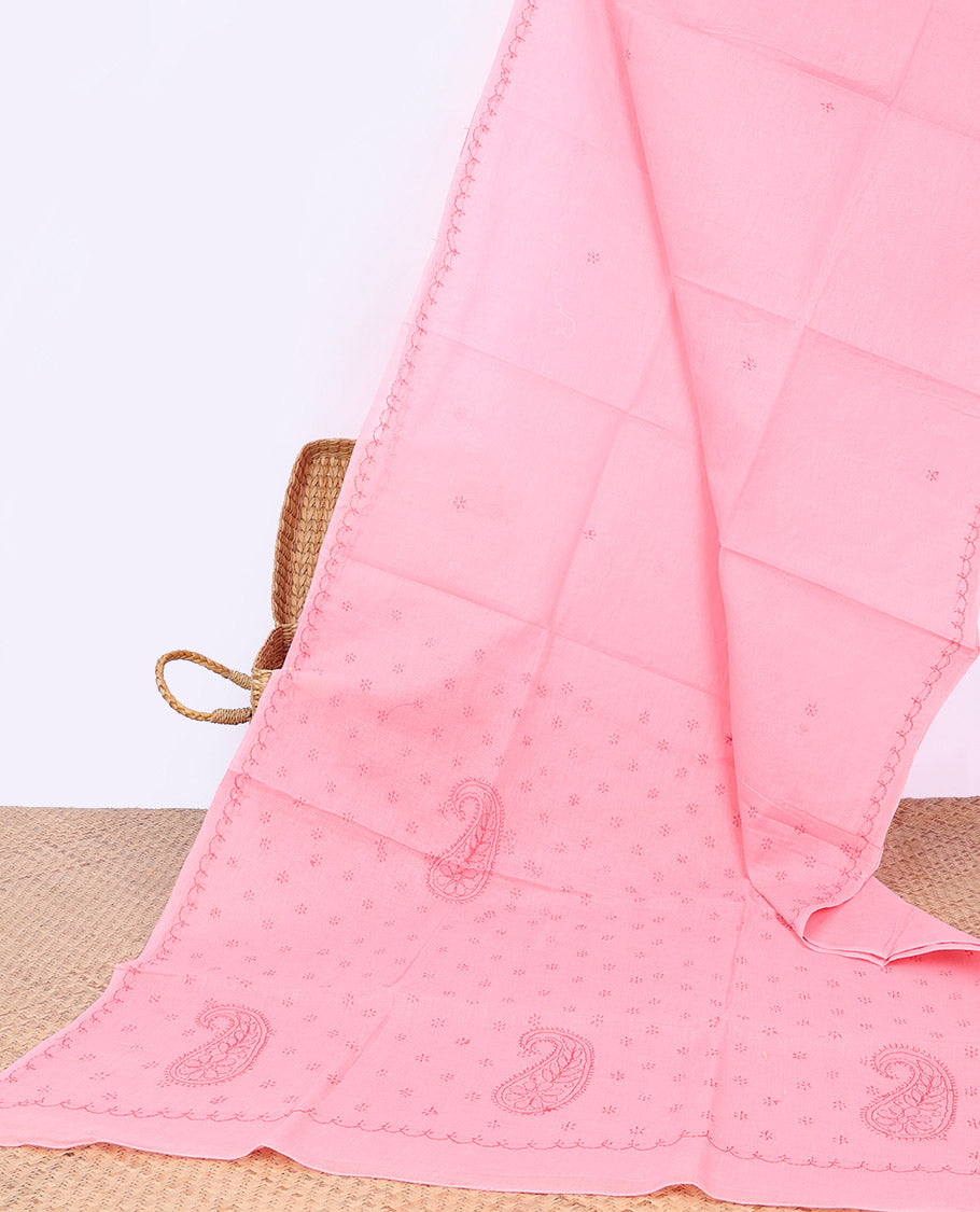 Pink floral embroidery lucknowi chikankari cotton saree,self-border & pallu of floral & paisley embroidery