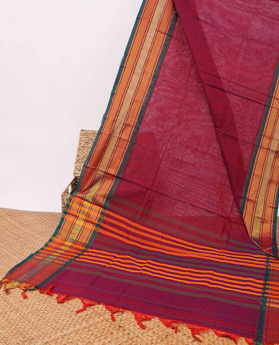 Red narayanapet cotton saree with contrast striped border & striped pallu