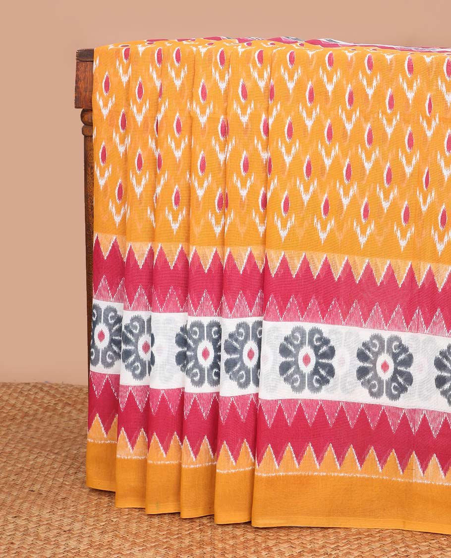 Orange floral motifs mul mul cotton saree with contrast temple, floral design border & floral design pallu