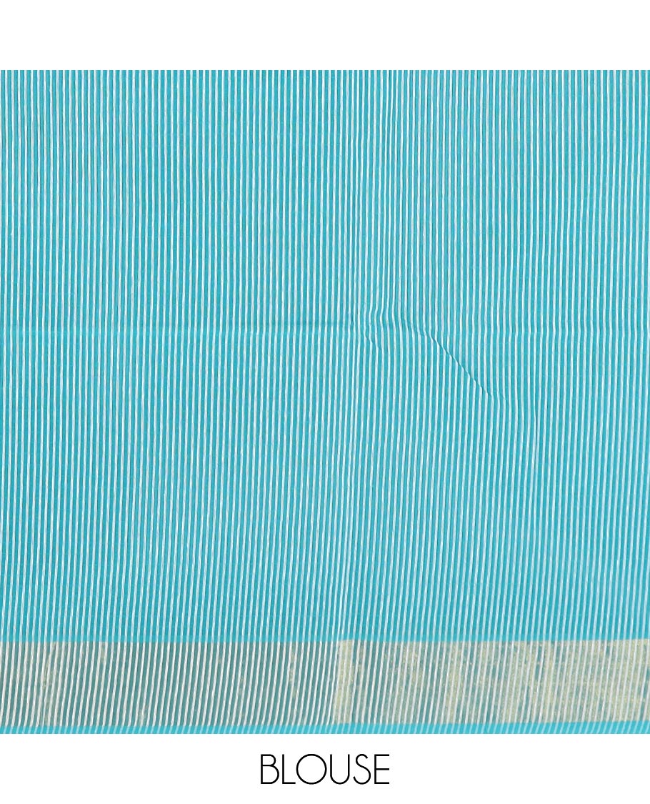 Asure blue striped jute cotton saree, zari border, and striped pallu