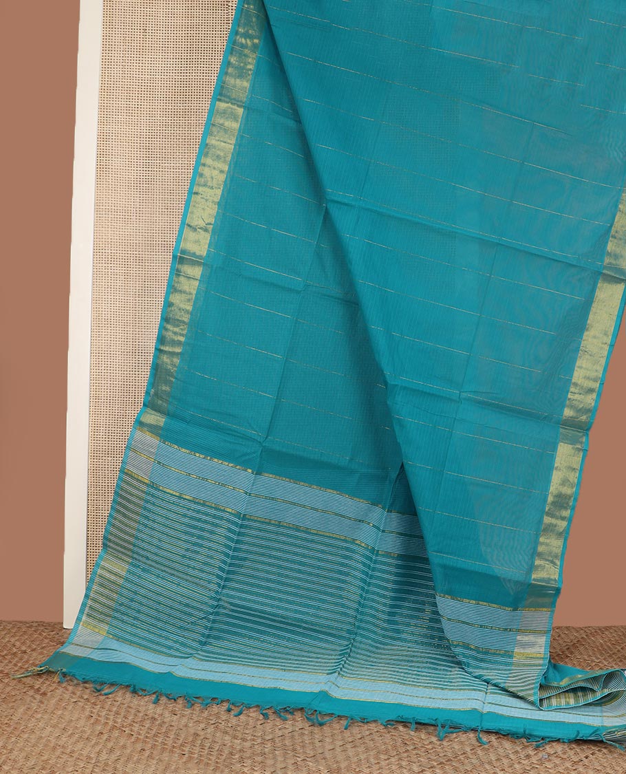 Asure blue striped jute cotton saree, zari border, and striped pallu
