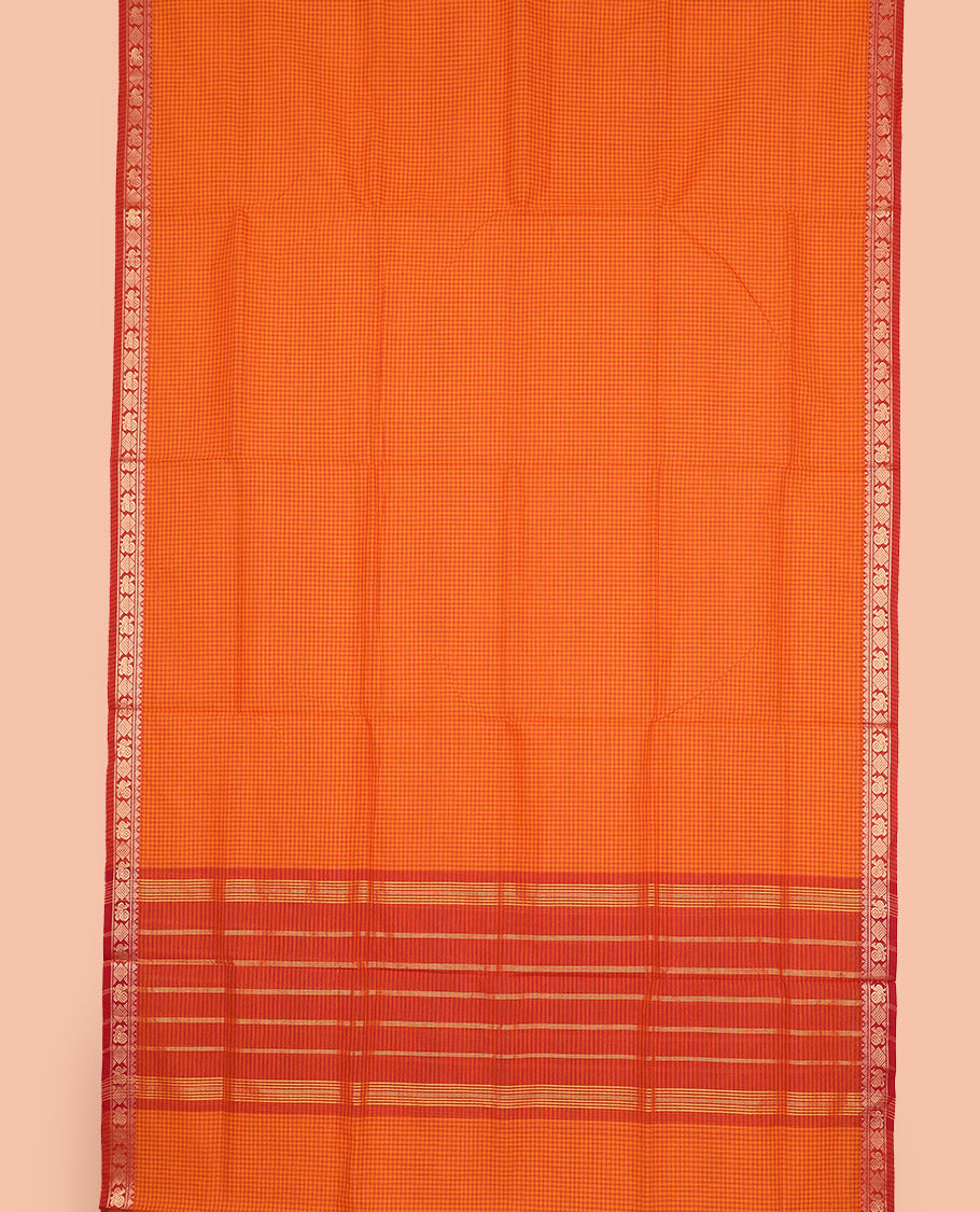 Orange micro-checked nine-yard cotton saree, contrast traditional design border, and striped pallu