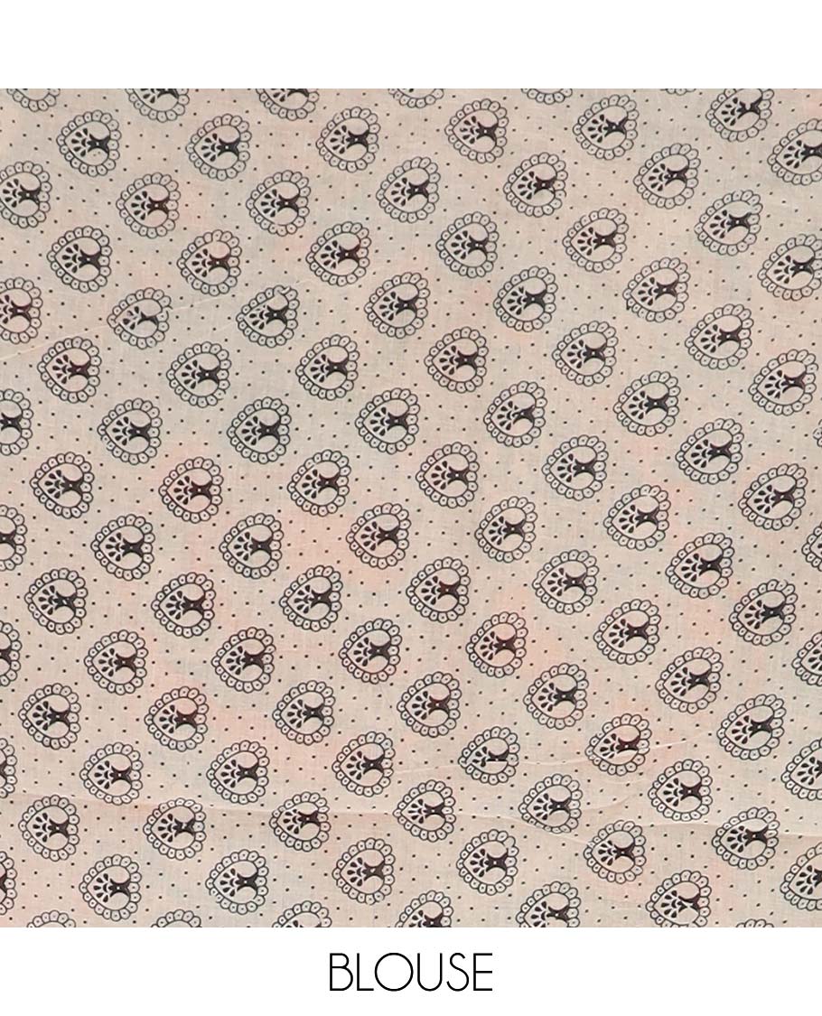 Multi-color flora, fauna, and human motifs machine printed kalamkari cotton saree, contrast peacock border, and pallu of peacock print