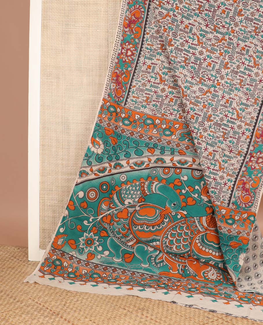 Multi-color flora, fauna, and human motifs machine printed kalamkari cotton saree, contrast peacock border, and pallu of peacock print