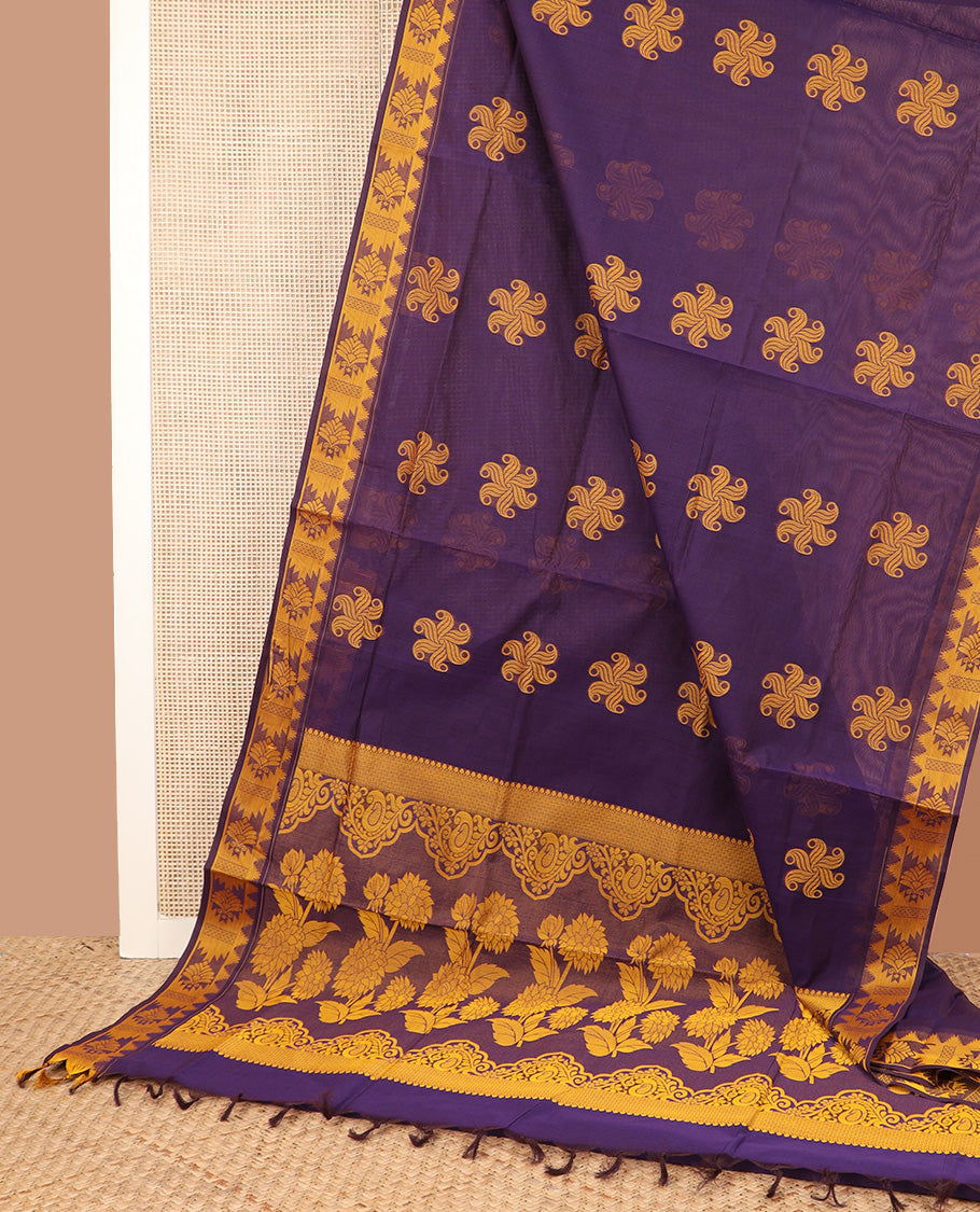 Violet floral buttas Coimbatore Cotton saree, traditional border, and pallu of floral designs