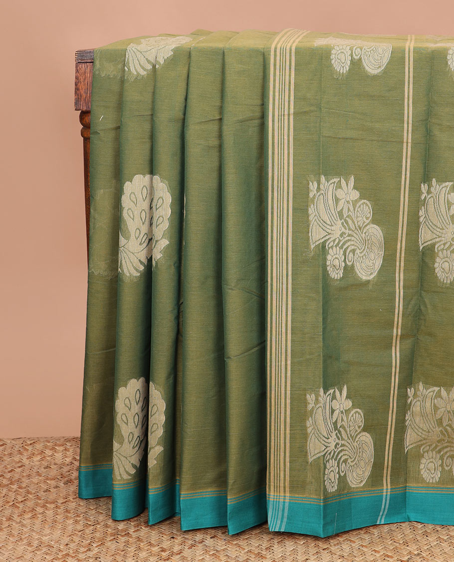 Green peacock buttas kanchi cotton saree, contrast plain border, and floral potted pallu
