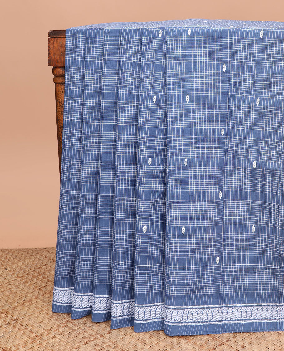 Blue buttas and checked Andhra cotton saree, paisley motifs border