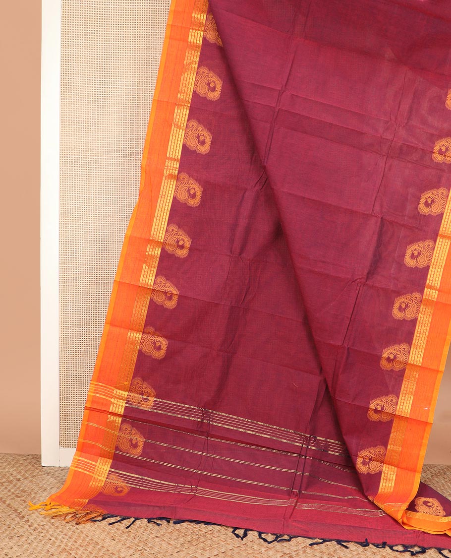 Maroon plain Chettinad cotton saree, contrast traditional zari border, and zari striped pallu