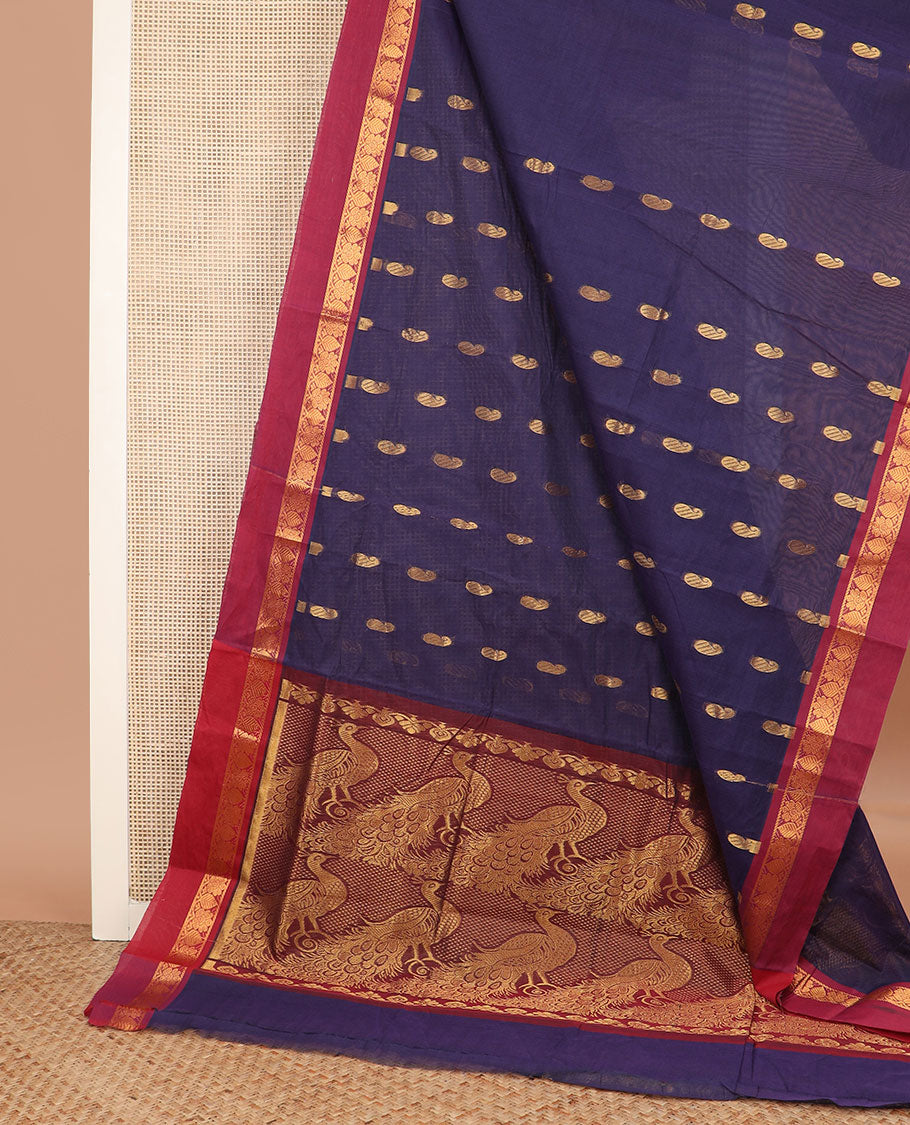 Navy blue paisley buttas Venkatagiri cotton saree, contrast zari design border, and pallu of peacocks