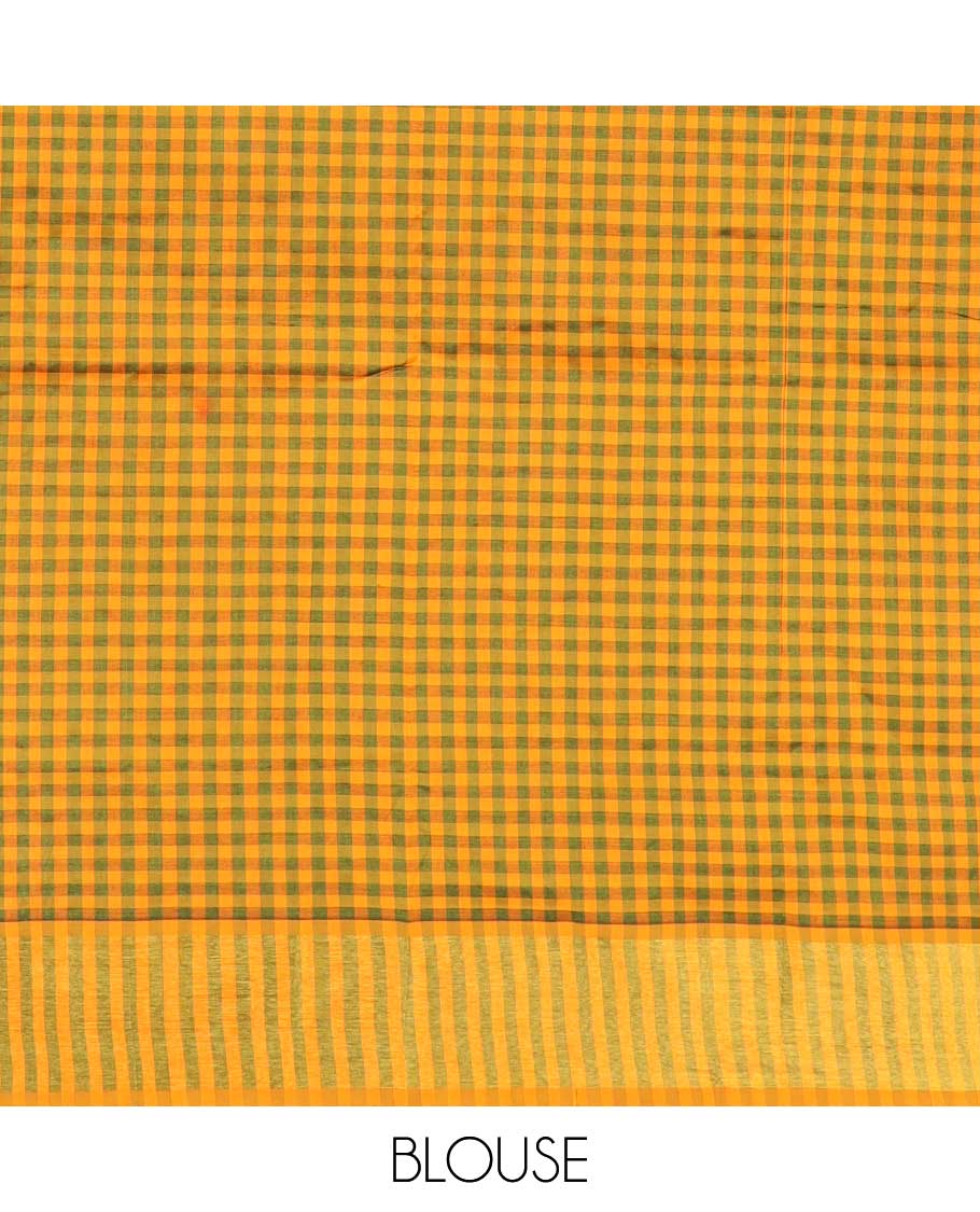 Green buttas poly cotton saree, contrast bavanji border, and micro-checked pallu