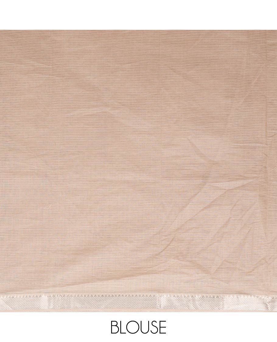 Beige sparsely striped with flamingo patch and thread embroidered chirala cotton saree, temple zari border and pallu of flamingo patch and thread embroidery