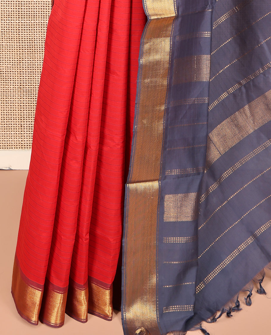 Red Striped Poly Cotton Saree, Complemented by Contrast Zari Border, Zari Design Pallu, and Paired with a Contrast Blouse