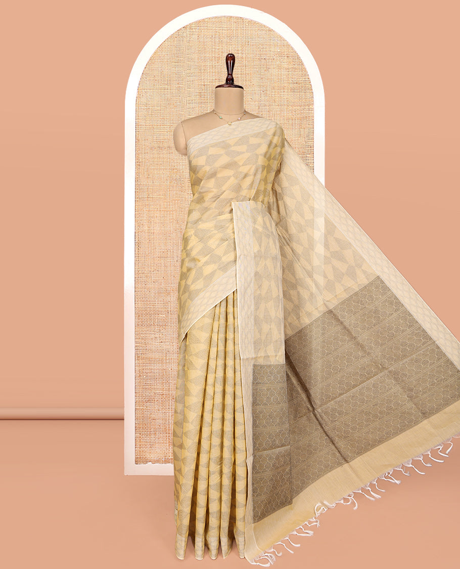 Sandal Coimbatore Cotton Saree, Accentuated with Geometric Design on Its Body, a Subtle Diamond Border, Pallu of Ogee Patterns, and Paired with Matching Blouse