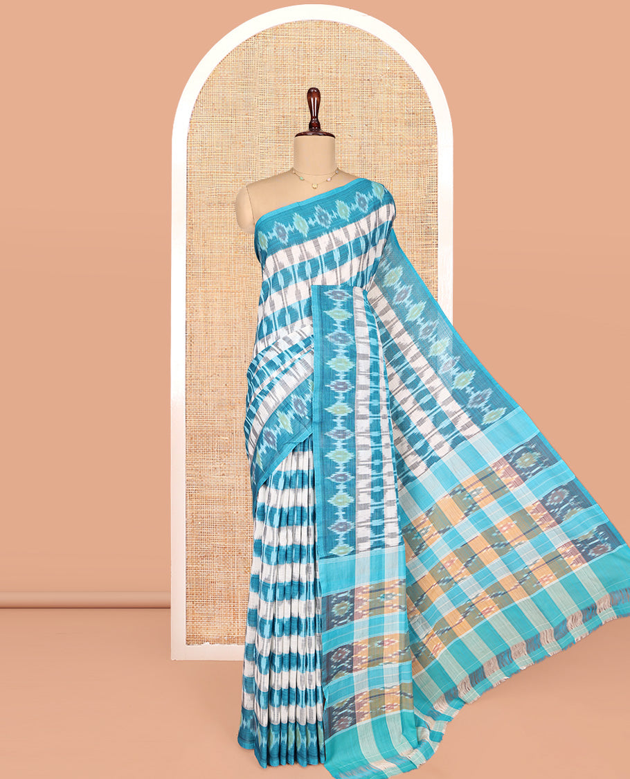 Off-White and Blue Ikkat Cotton Saree, Bedecked with Ikkat Checks All Over Its Body, Subtly Sparkled Ikkat-Textured Border, Ikkat-Textured Pallu, and Has No Blouse