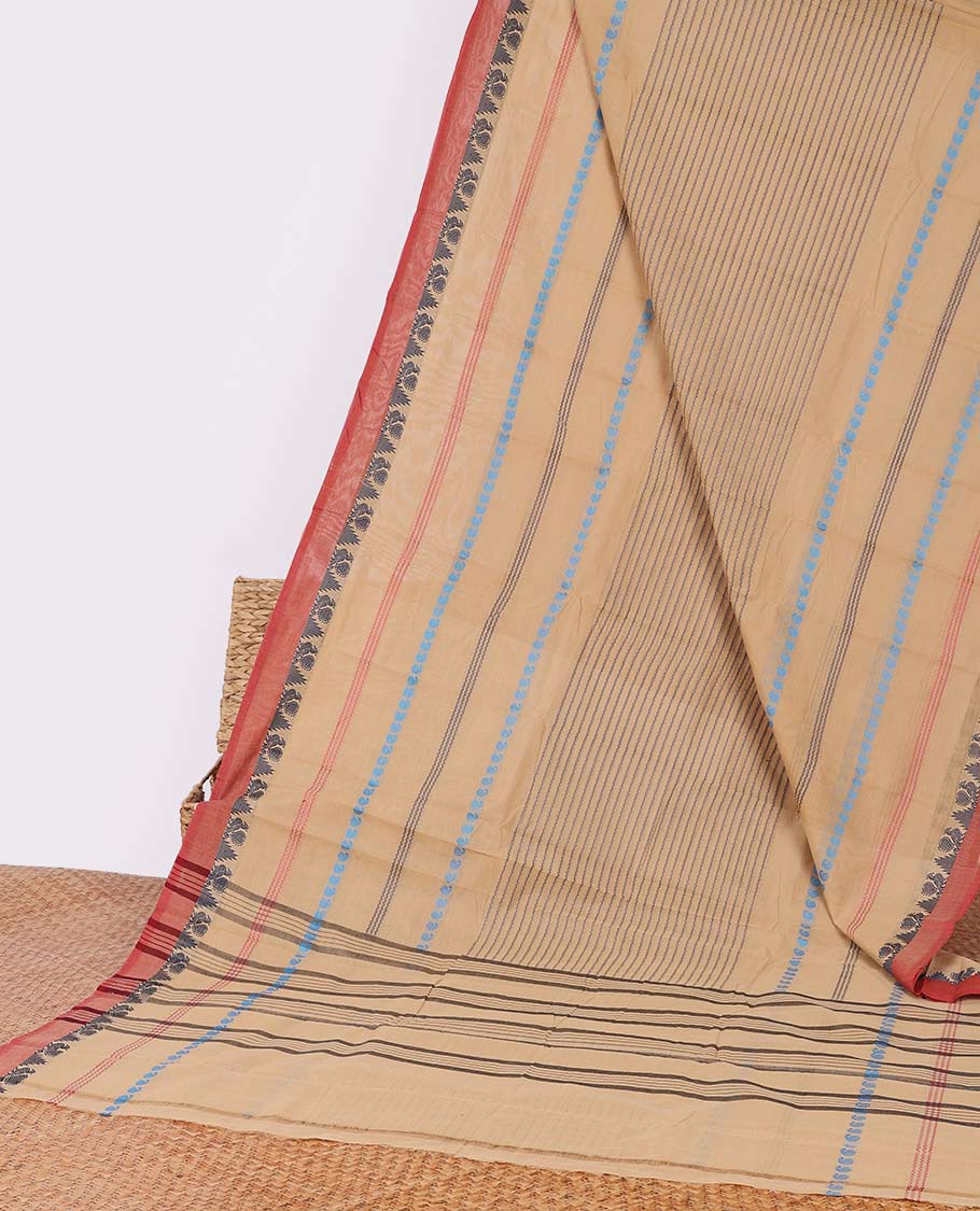 Sandal unique striped Chettinad cotton saree, contrast border of rekku & peacock design & intricate pallu
