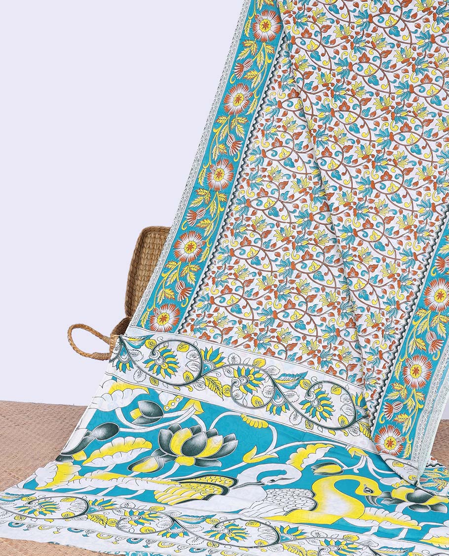 Cream floral vine design machine-printed kalamkari cotton saree with contrast floral border & peacock design pallu