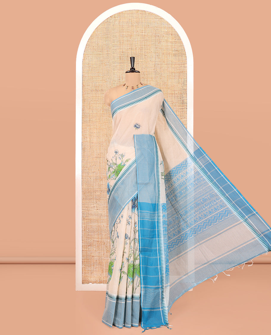 Cream-Blue Andhra Cotton Saree, Artfully Printed with a Floral Print, a Contrast Temple Border, Pallu of Floral Print, and Contrast Blouse