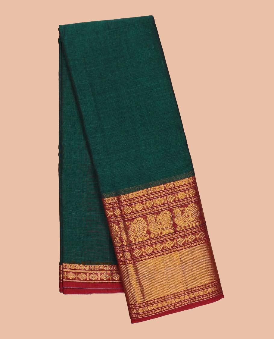 Green plain design Narayanapet cotton saree, contrast traditional design border & striped pallu