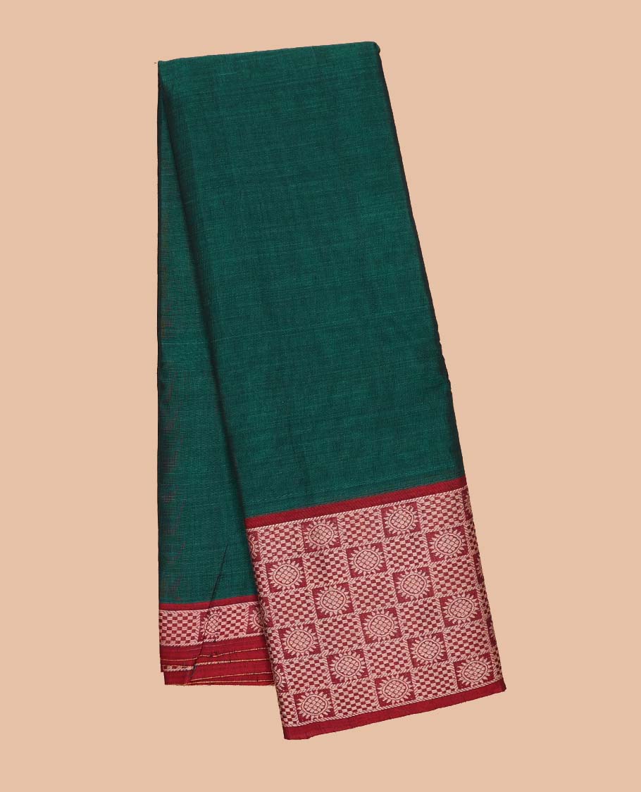 Green plain Narayanapet cotton saree, contrast chakram and bentex design border & striped pallu