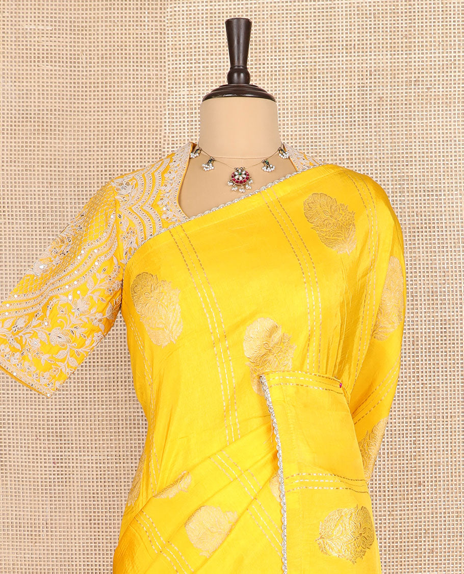 Borderless Yellow Floral Buttas Semi Banaras Dola, and Striped Saree, Lace Border, Zari Design Dallu, and a Matching Embroidered Elbow Sleeve Readymade Blouse