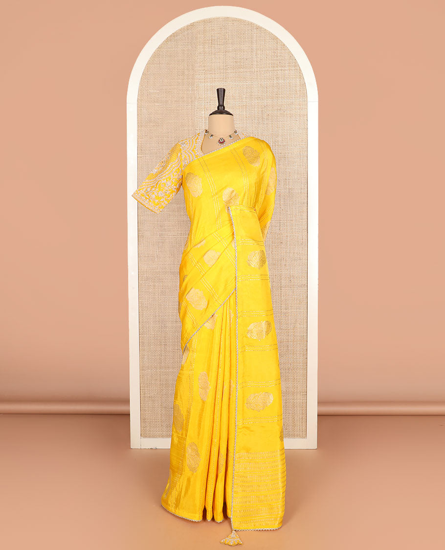 Borderless Yellow Floral Buttas Semi Banaras Dola, and Striped Saree, Lace Border, Zari Design Dallu, and a Matching Embroidered Elbow Sleeve Readymade Blouse