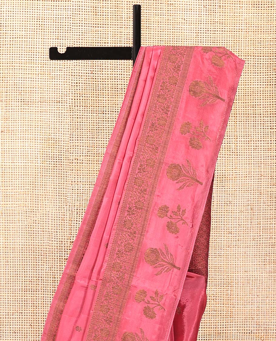 Onion Pink HO-Silk Saree, Elevated with Zari Buttas All Over Its Body, Highlighted by a Self-Border of Floral Designs, Pallu Features Floral Designs, and Paired with a Buttas-woven Blouse