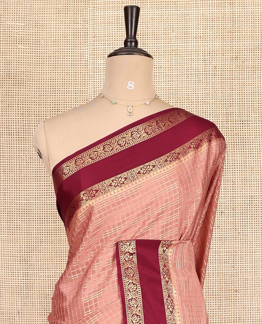 Onion Pink Fancy Mysore Silk Saree Features Checks, Contrast Traditional Double-Pet Border, Rich Pallu, Contrast Blouse