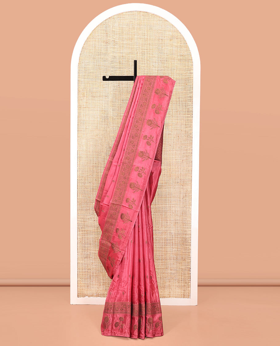Onion Pink HO-Silk Saree, Elevated with Zari Buttas All Over Its Body, Highlighted by a Self-Border of Floral Designs, Pallu Features Floral Designs, and Paired with a Buttas-woven Blouse