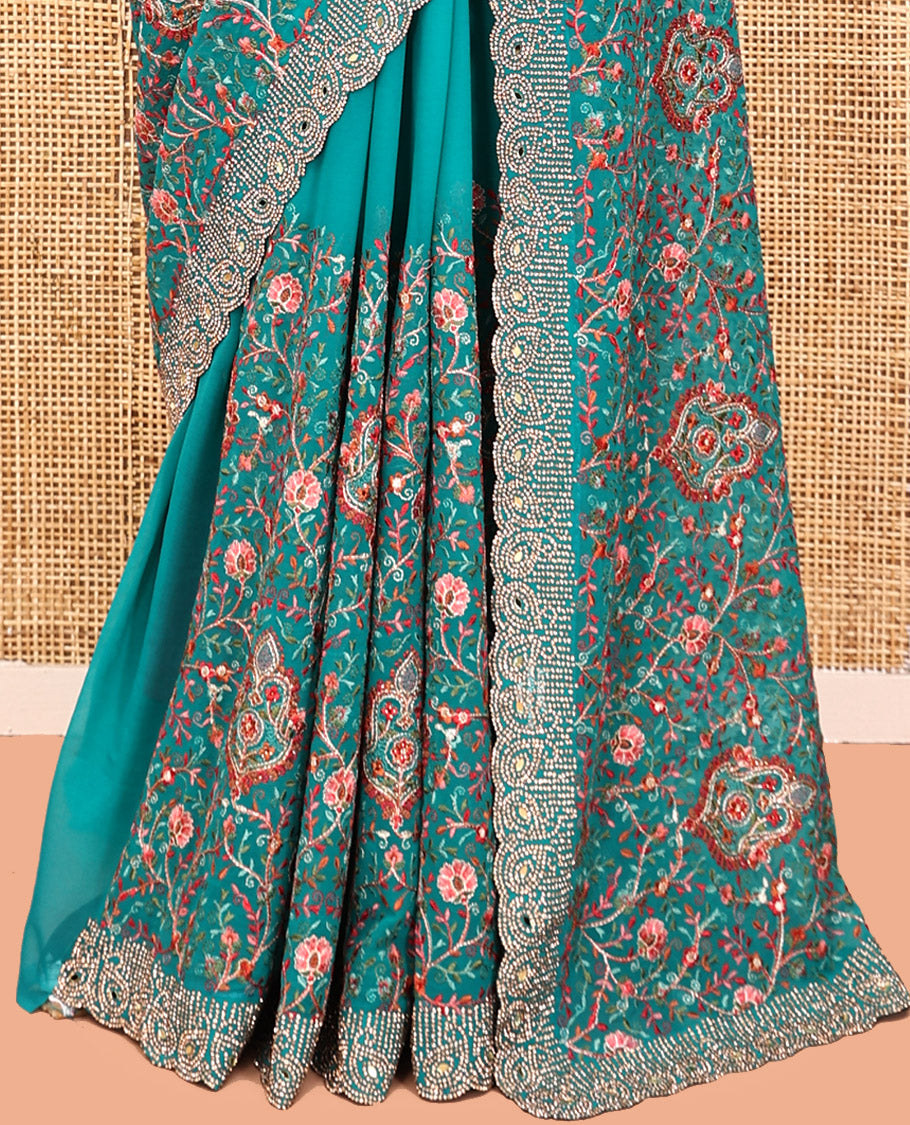 Blue Designer Saree, Prettified with Floral-Paisley Embroidery, a Scallop Stone Work Border, and a Matching Blouse