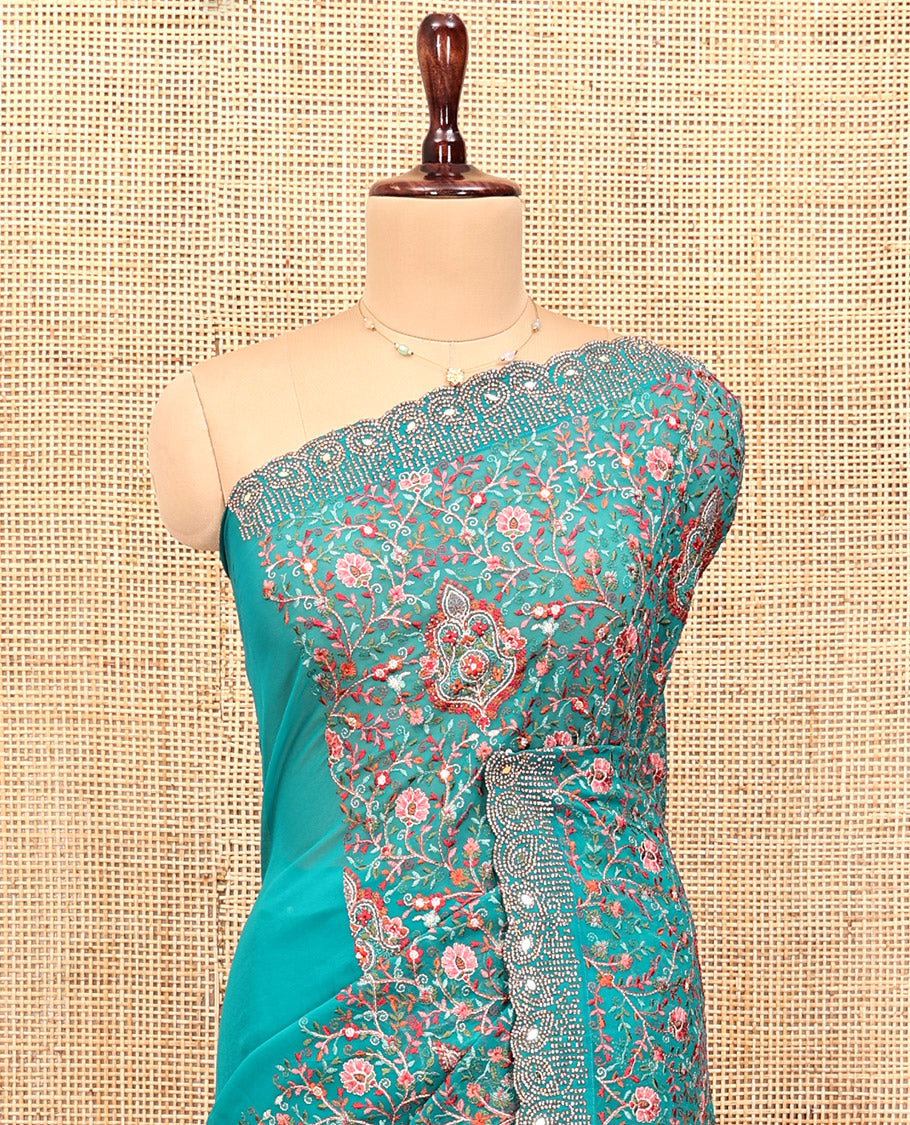 Blue Designer Saree, Prettified with Floral-Paisley Embroidery, a Scallop Stone Work Border, and a Matching Blouse