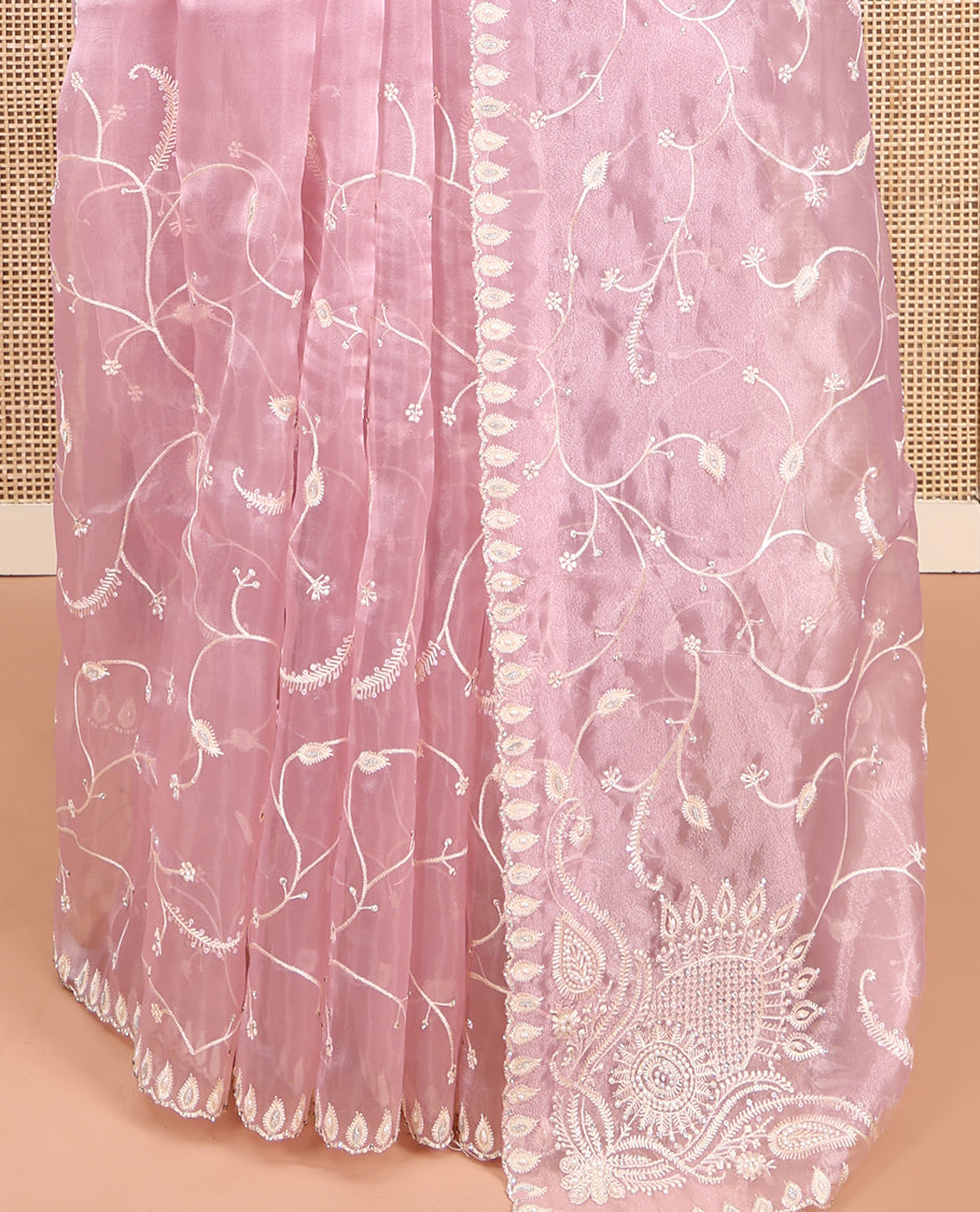 Pink Designer Saree, Mesmerized with Floral Vine Embroidery, Scallop Border, and Matching Embroidered Blouse