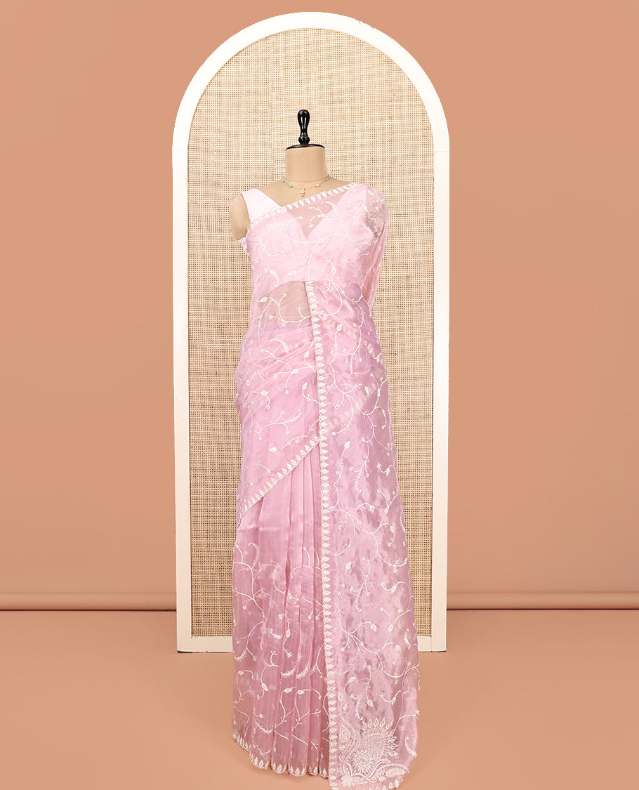 Pink Designer Saree, Mesmerized with Floral Vine Embroidery, Scallop Border, and Matching Embroidered Blouse