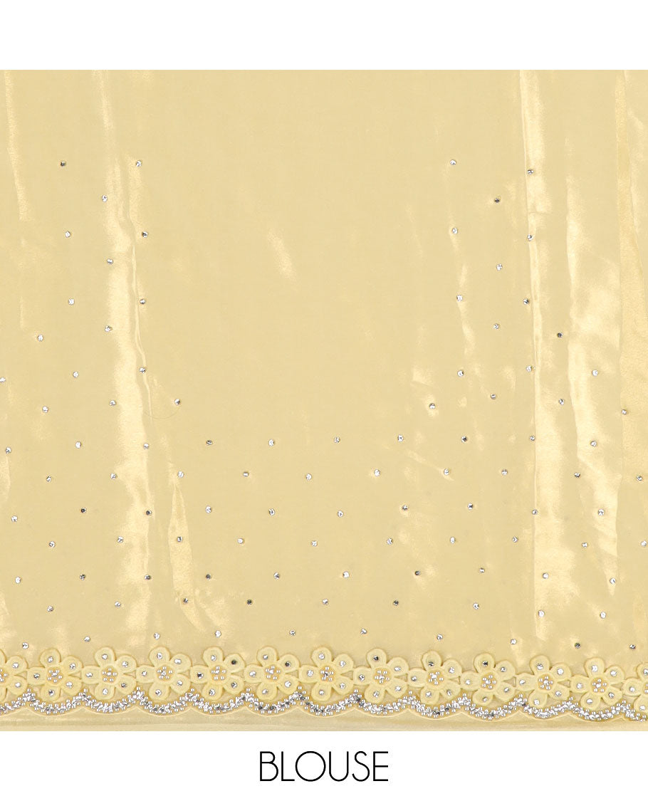 Yellow flower buttas embroidered with stone work designer saree, flower buttas embroidered with stone work scallop border