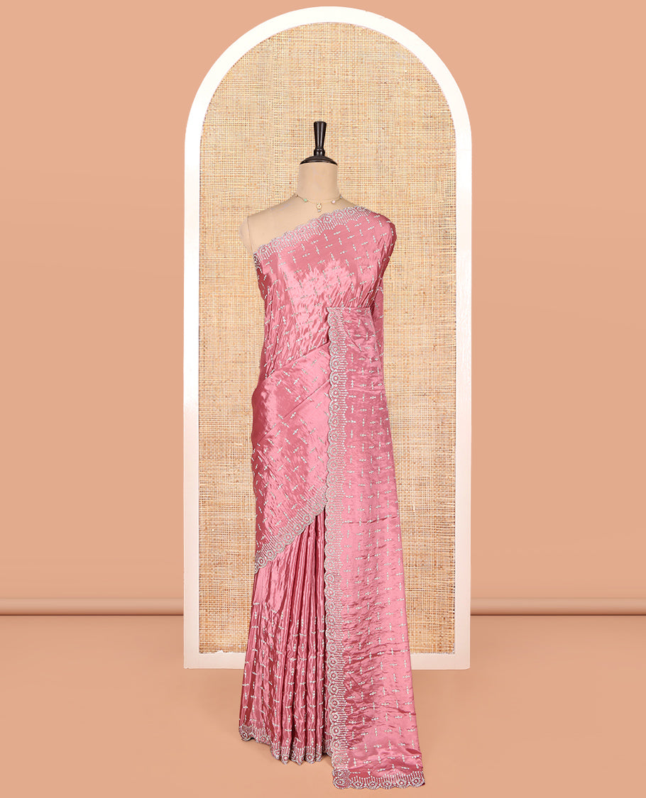 Pink Designer Saree, Subtly Enriched with Stonework, a Scallop Stonework Border, and a Matching Blouse