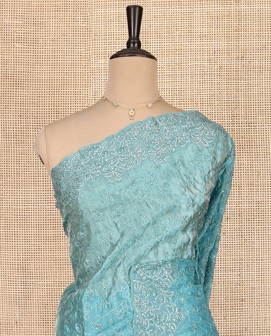 Blue Designer Saree, Mesmerized with Floral Vine Stone Work, Scallop Stone Work Border, a Self-Pallu, and a Matching Blouse