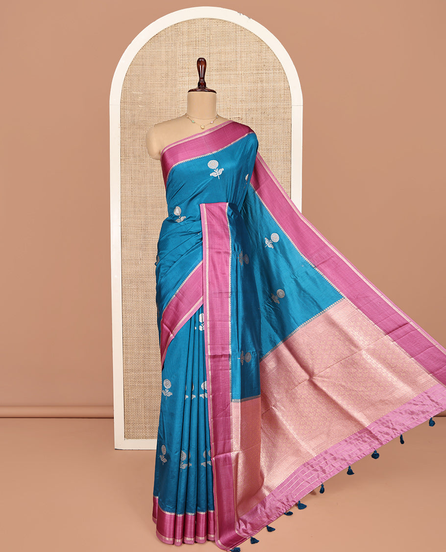 Blue Semi-Banaras Dupion Saree, Impeccably Styled with Floral Buttas, Complemented by Contrast Temple Border, Grand Jaal Pallu, and a Contrast Blouse