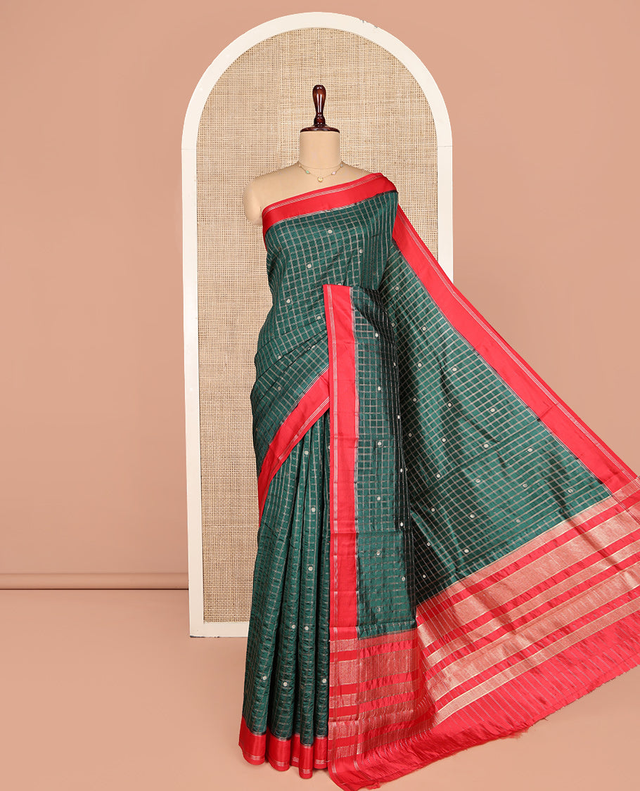 Green Dupion Silk Saree, Decorated with Zari Butta Enclosed Checks, Complemented by a Contrast Border, Zari Striped Pallu, and a Contrast Blouse