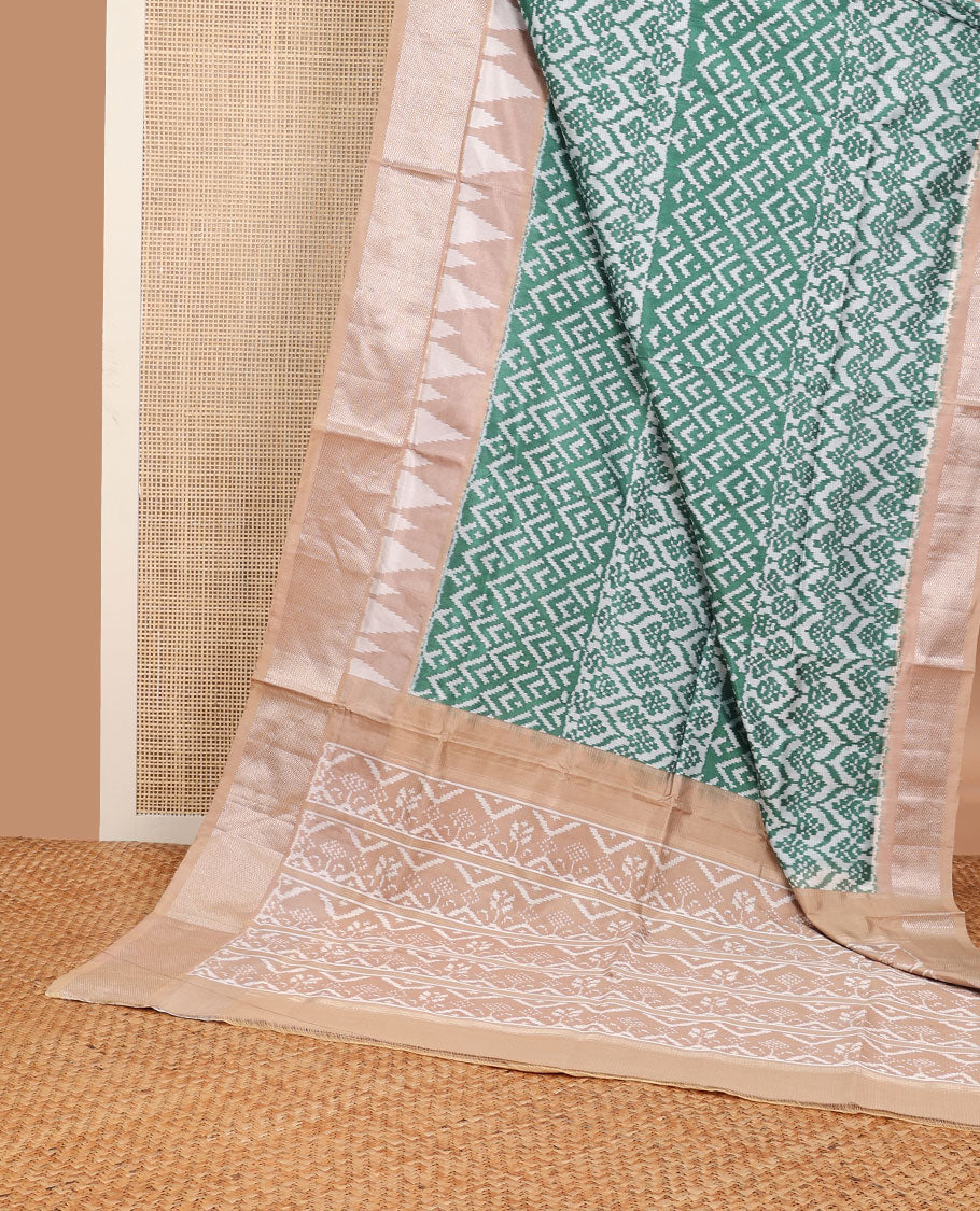 Green ikkat pure silk saree with floral & chevron ikkat design, contrast vidarbha border & ikkat design pallu