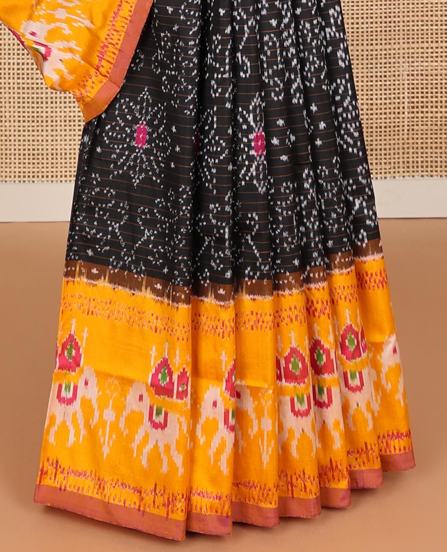 Black floral design ikkat saree with contrast animal design border & floral design pallu