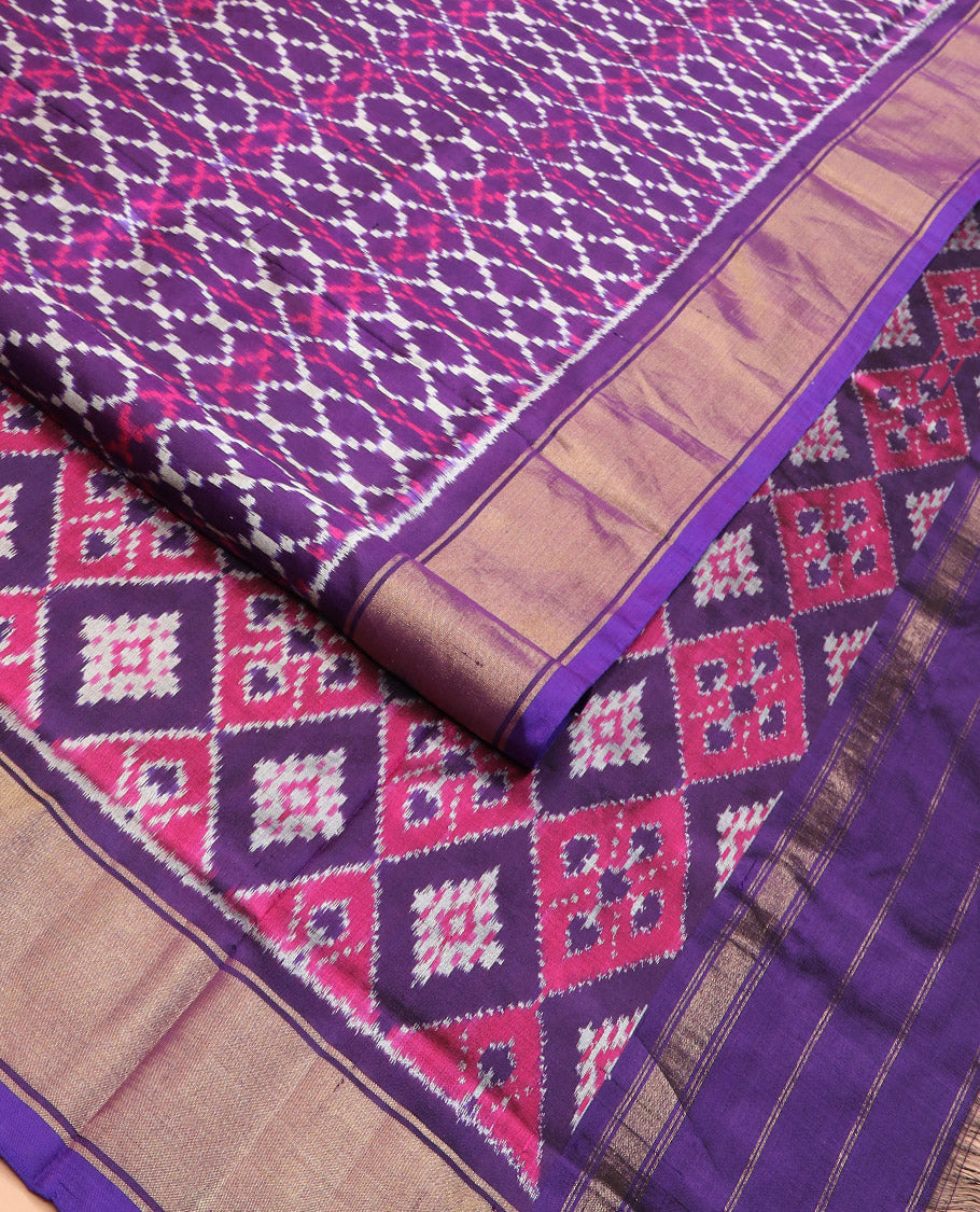 Violet Ikkat Silk Saree Elevated with Ikkat Geometric Designs, Subtly Designed Plain Zari Border, Ikkat Jaal-Patterned Pallu, and a Matching Blouse