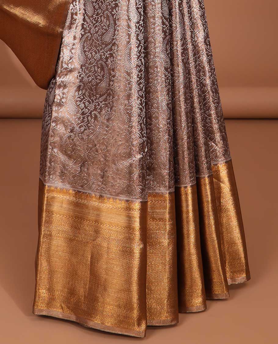 Brown floral jacquard tissue saree with contrast zari design border & floral zari design pallu