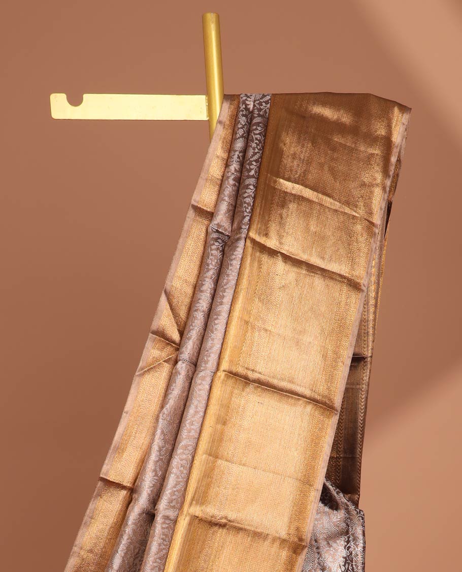 Brown floral jacquard tissue saree with contrast zari design border & floral zari design pallu