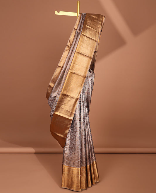 Brown floral jacquard tissue saree with contrast zari design border & floral zari design pallu