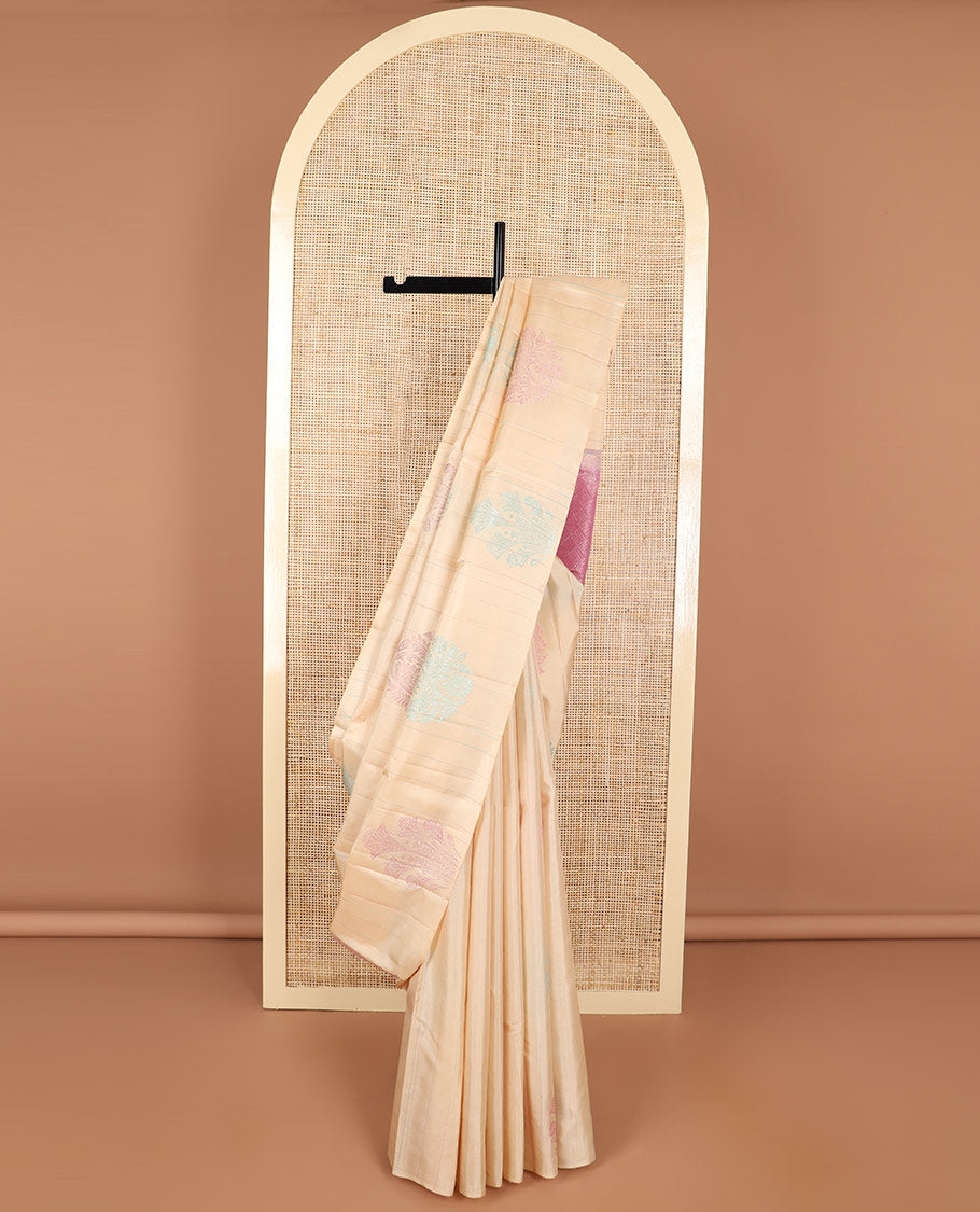 Sandal striped, floral design kancheepuram silk sareee with geometric design pallu